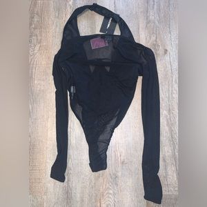 PLT Black Mesh Cross Front Underbust Halterneck Long Sleeve Corset Bodysuit